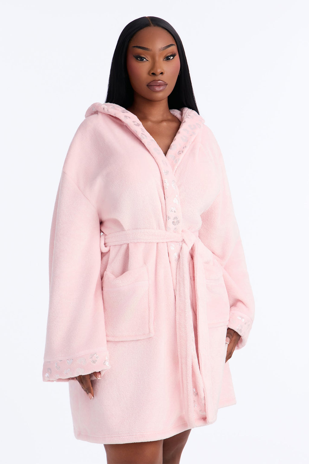 My Aura Hooded Contrast Trim Plush Robe - Pink