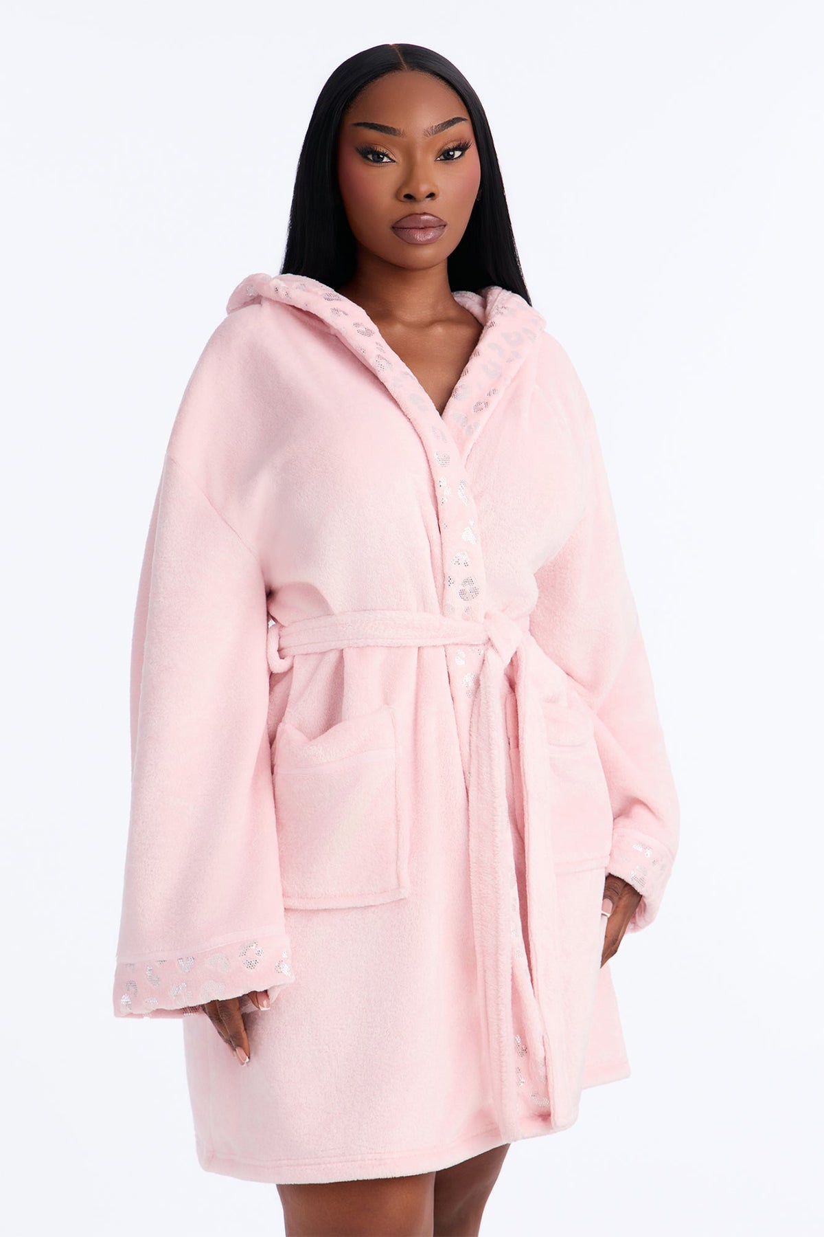 My Aura Hooded Contrast Trim Plush Robe - Pink