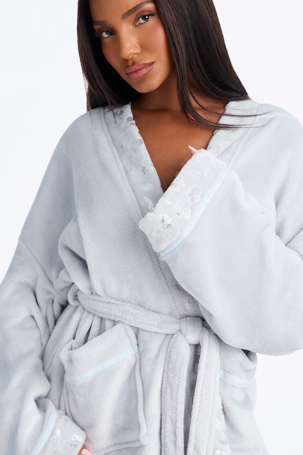 My Aura Hooded Contrast Trim Plush Robe - Slate Grey