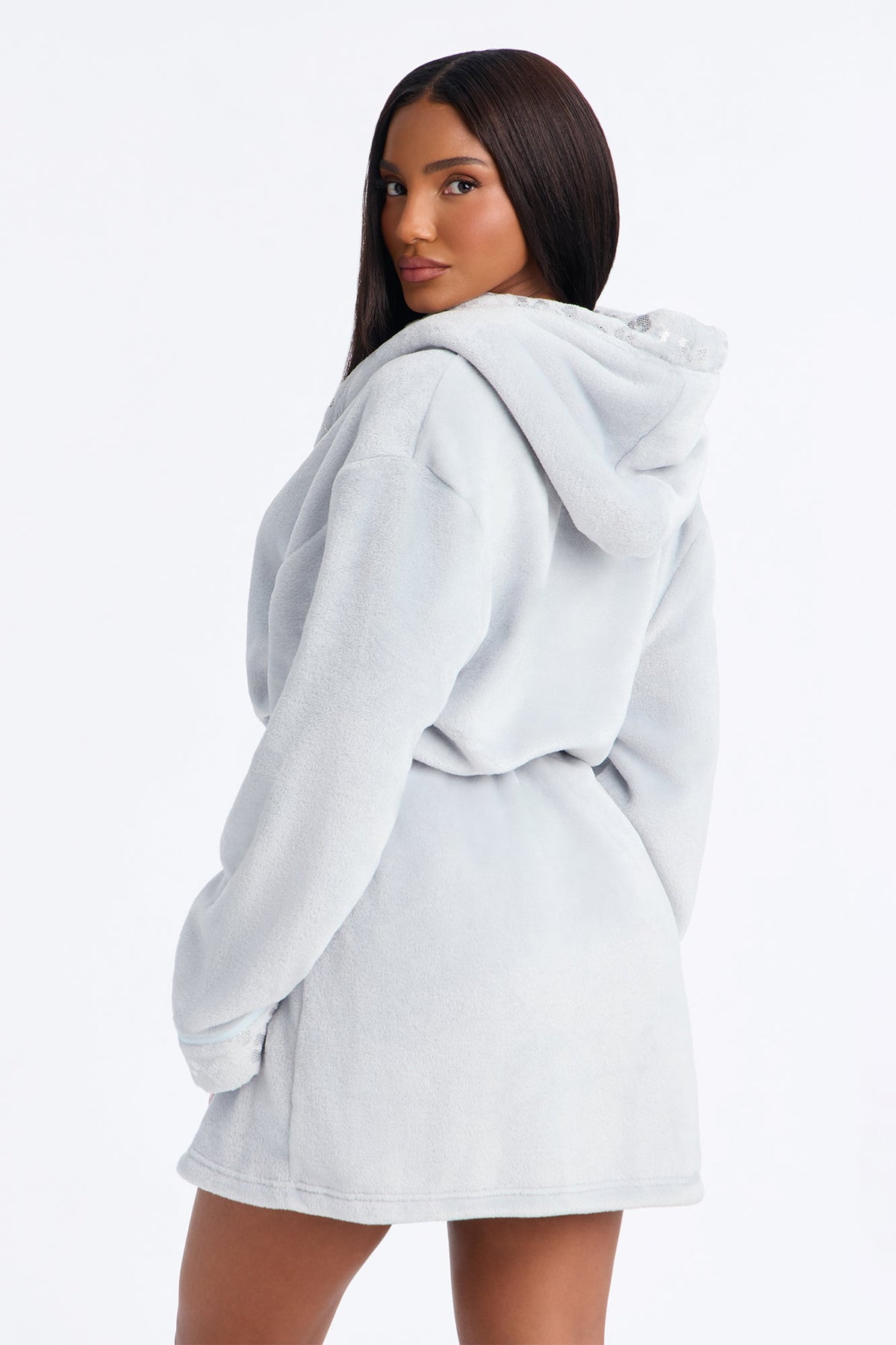 My Aura Hooded Contrast Trim Plush Robe - Slate Grey