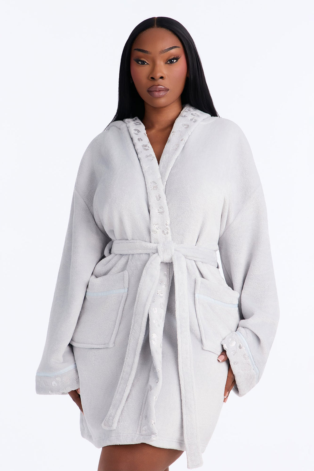 My Aura Hooded Contrast Trim Plush Robe - Slate Grey