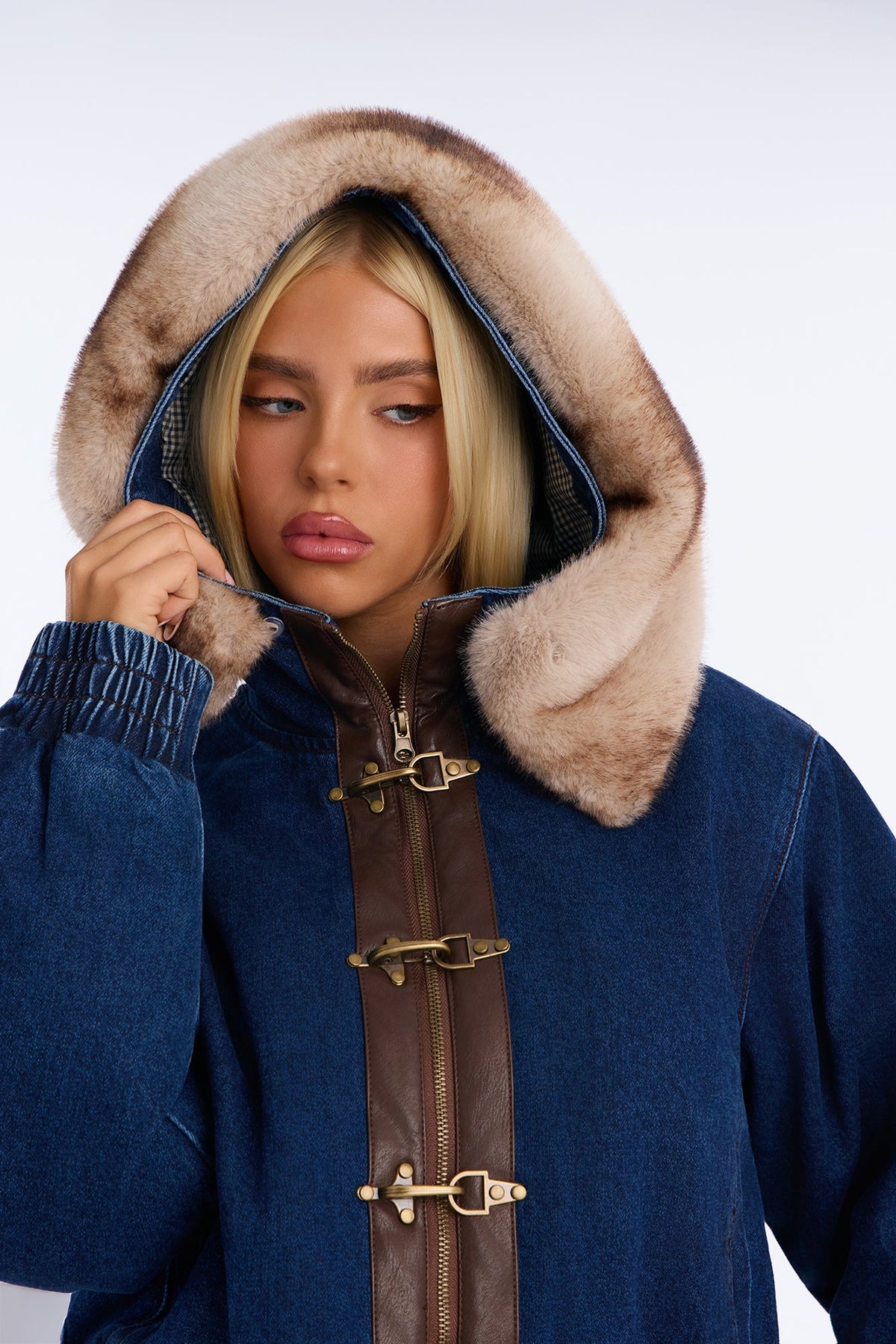 Basel Nights Lined Faux Fur Trim Hooded Denim Jacket - Dark Wash