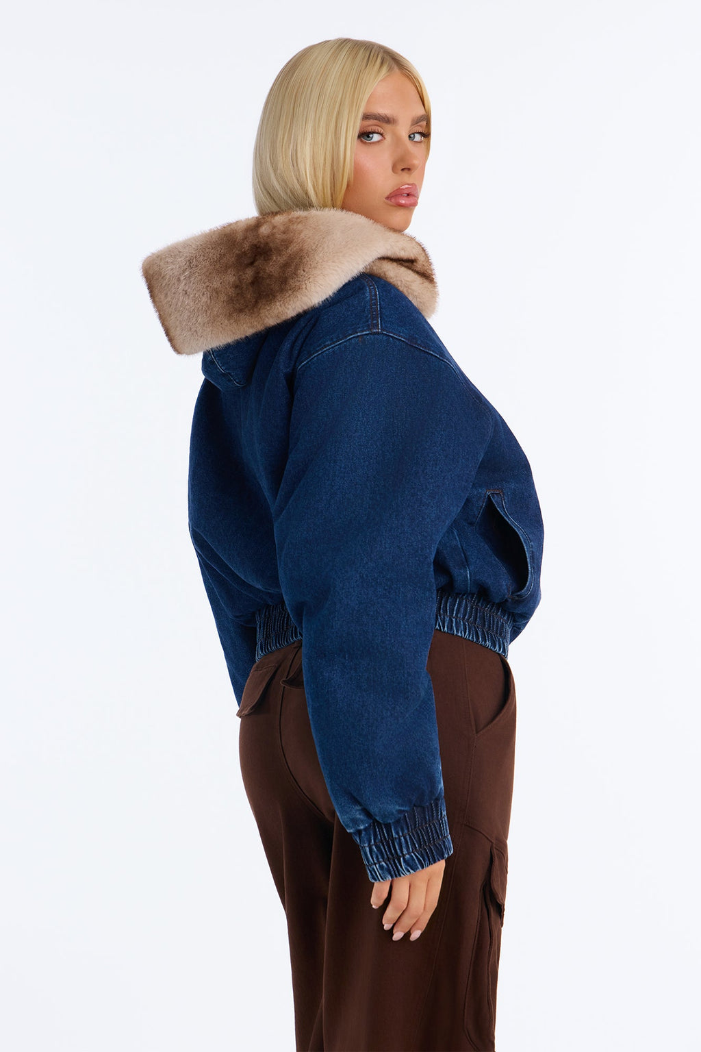 Basel Nights Lined Faux Fur Trim Hooded Denim Jacket - Dark Wash