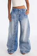 Downtown Asymmetrical Button Fly Overlay Jeans - Light Wash