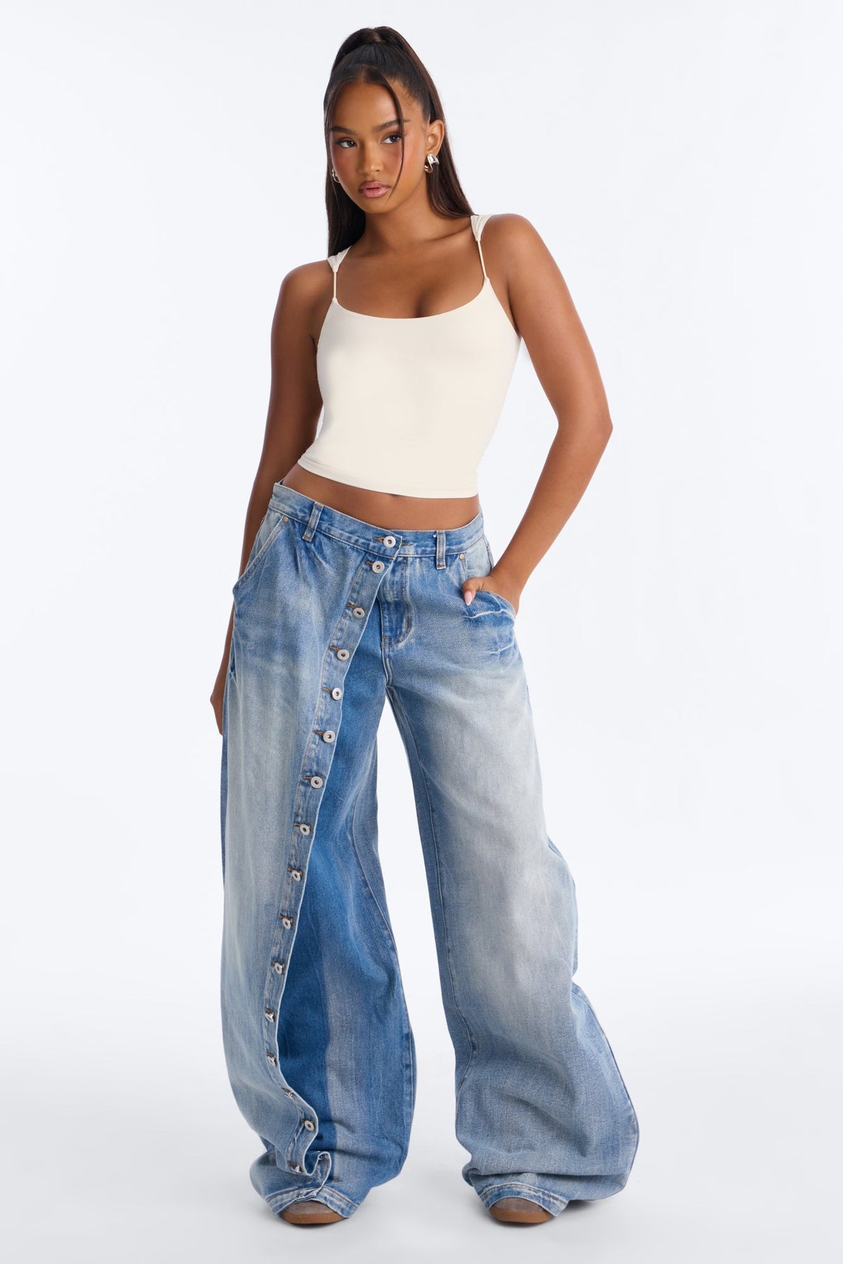 Downtown Asymmetrical Button Fly Overlay Jeans - Light Wash