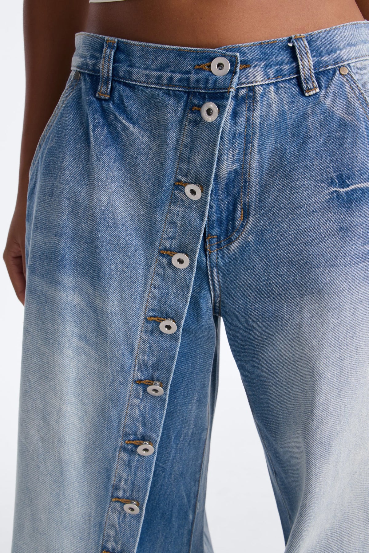 Downtown Asymmetrical Button Fly Overlay Jeans - Light Wash