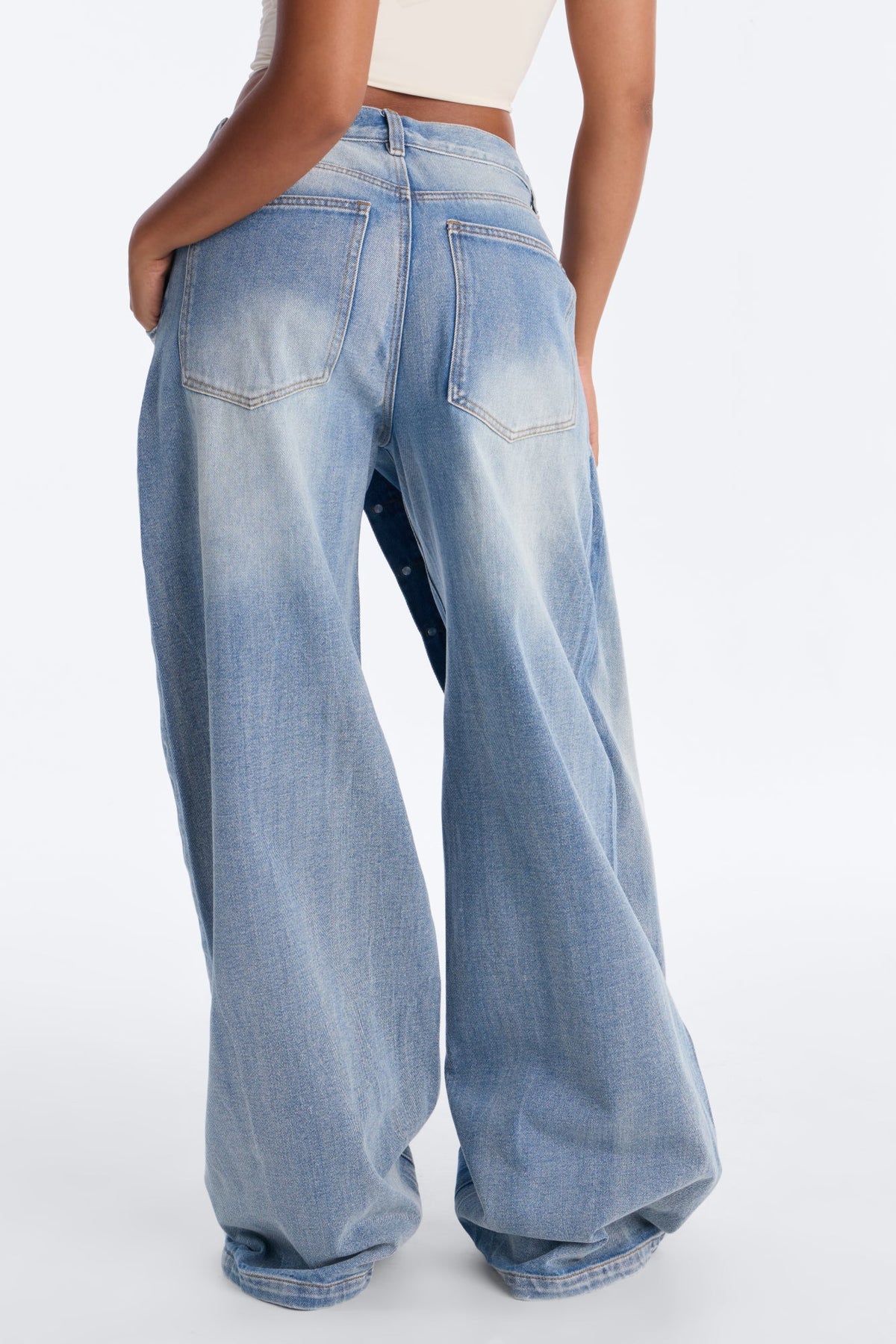 Downtown Asymmetrical Button Fly Overlay Jeans - Light Wash