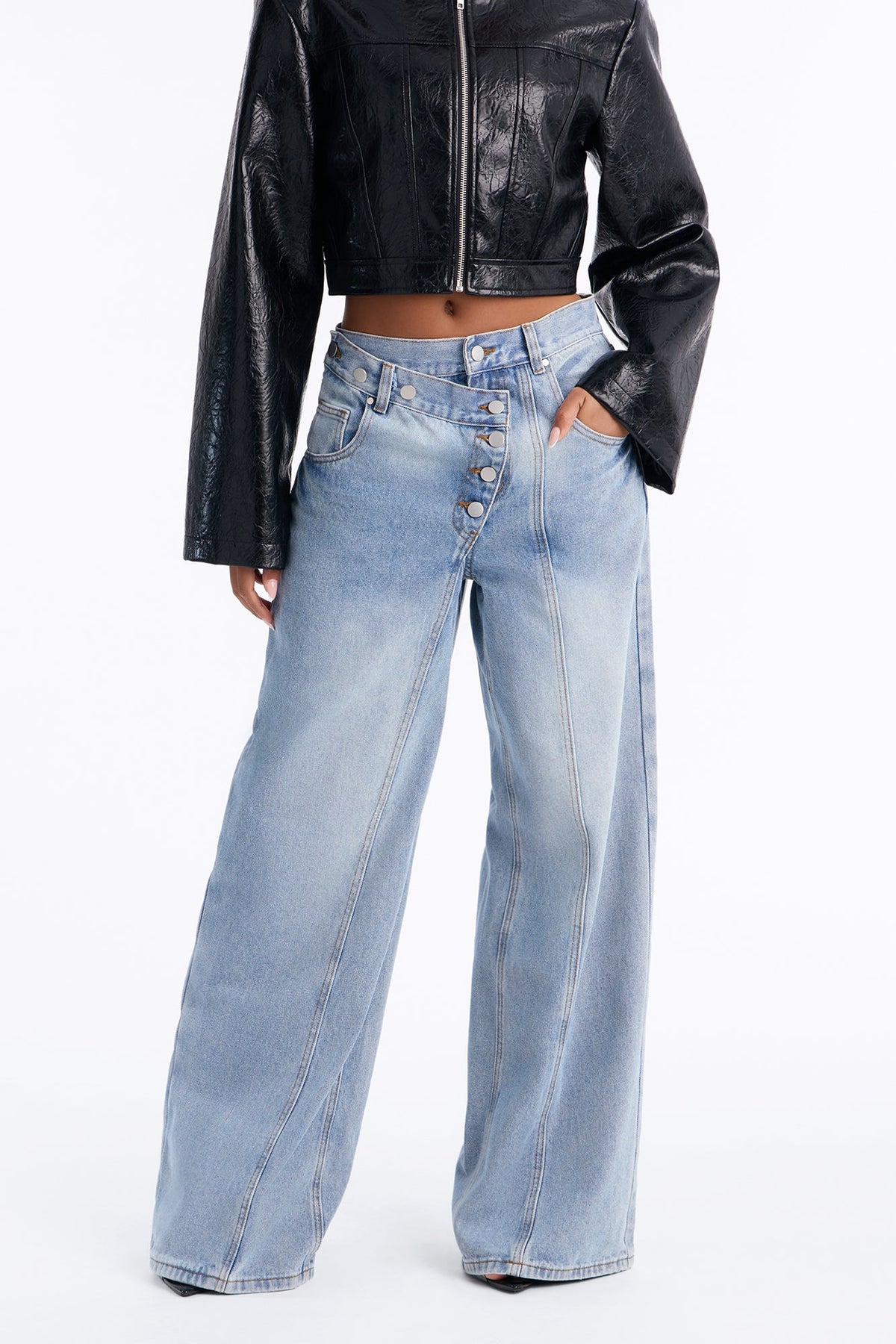 Double Up Crossover Waistband Wide Leg Jeans - Light Wash