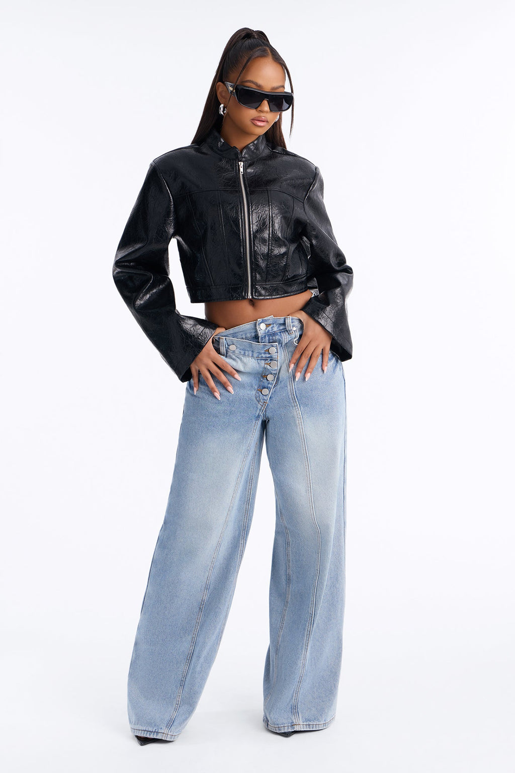 Double Up Crossover Waistband Wide Leg Jeans - Light Wash
