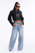 Double Up Crossover Waistband Wide Leg Jeans - Light Wash