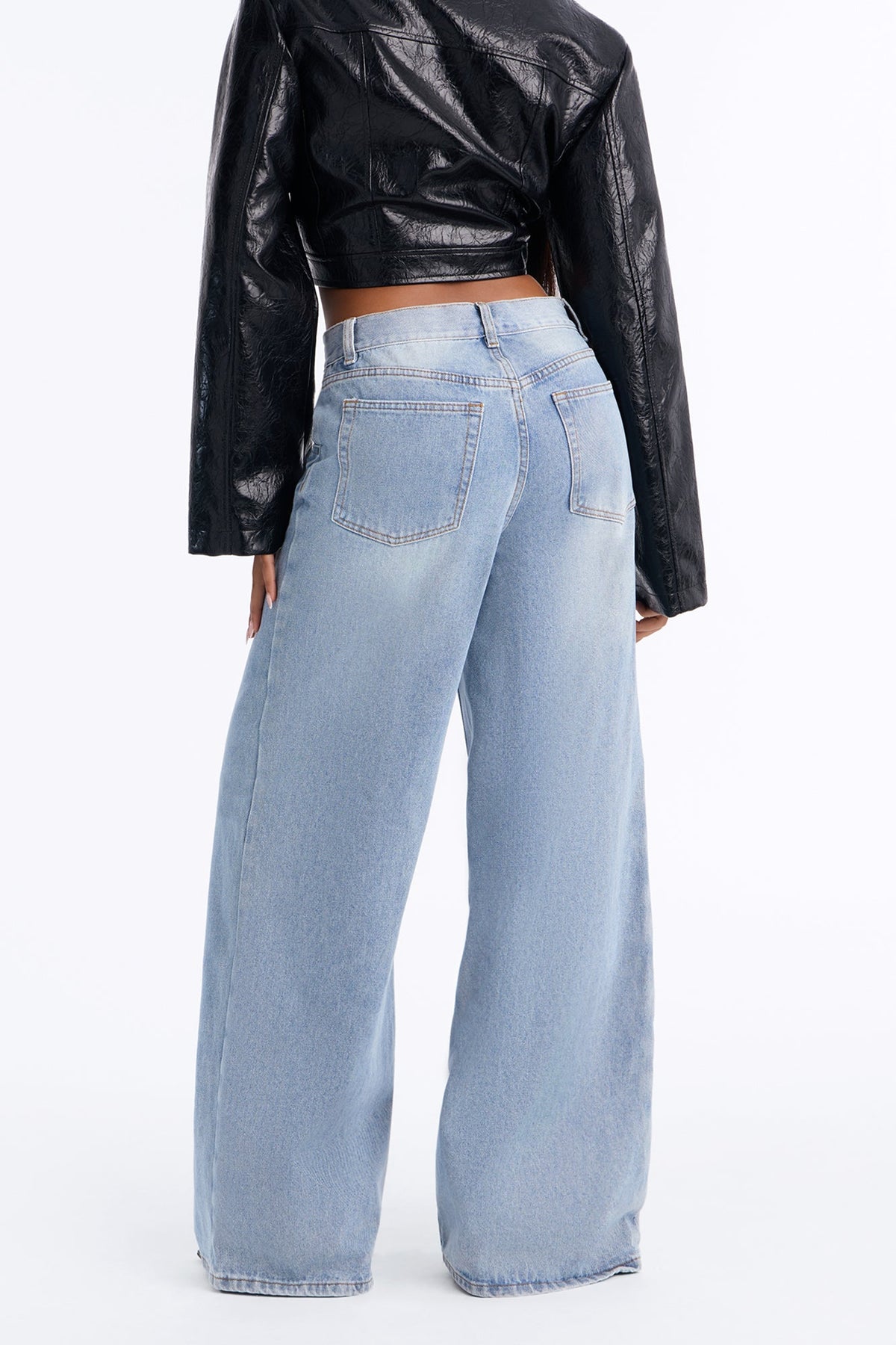 Double Up Crossover Waistband Wide Leg Jeans - Light Wash