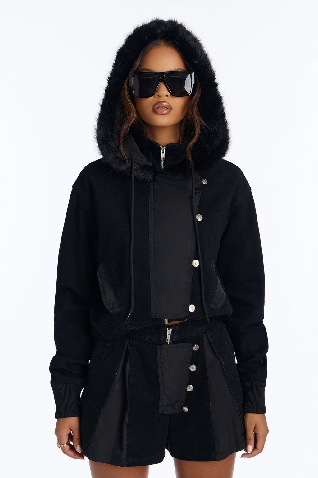 Black Ice Faux Fur Hooded Denim Jacket - Black