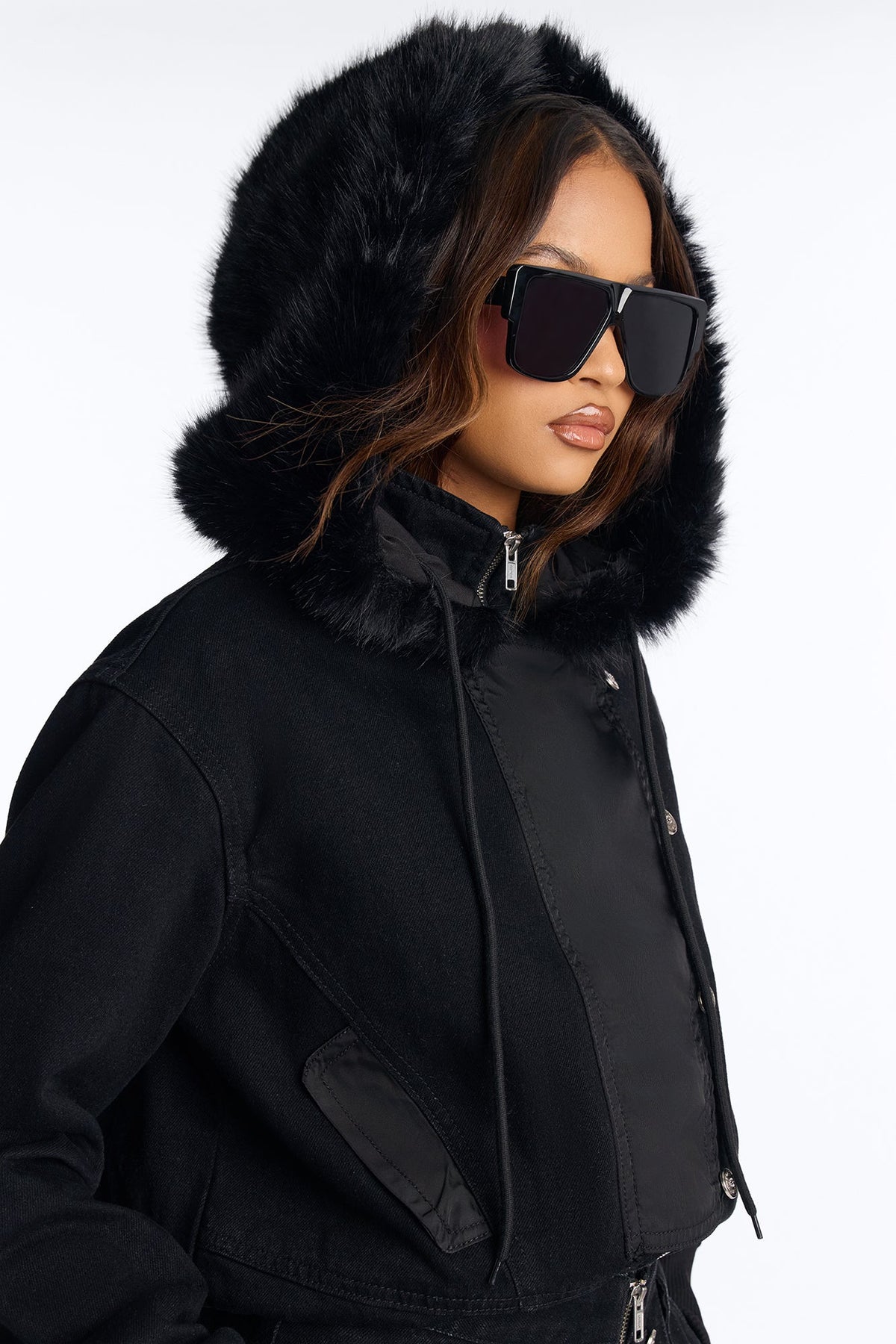 Black Ice Faux Fur Hooded Denim Jacket - Black