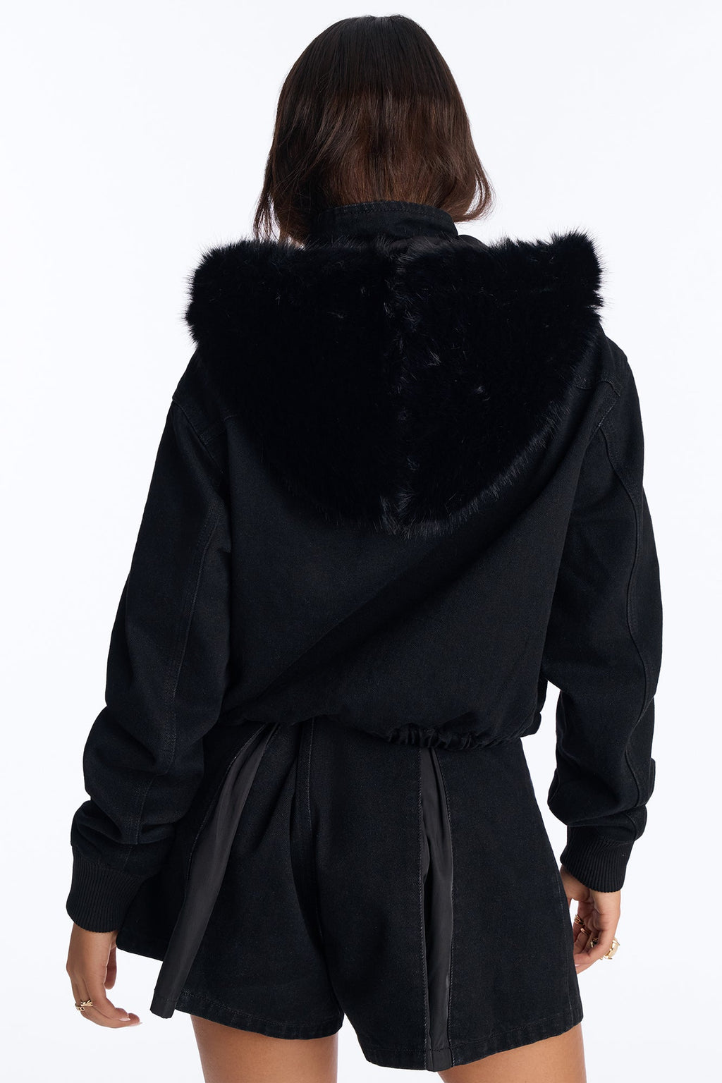 Black Ice Faux Fur Hooded Denim Jacket - Black