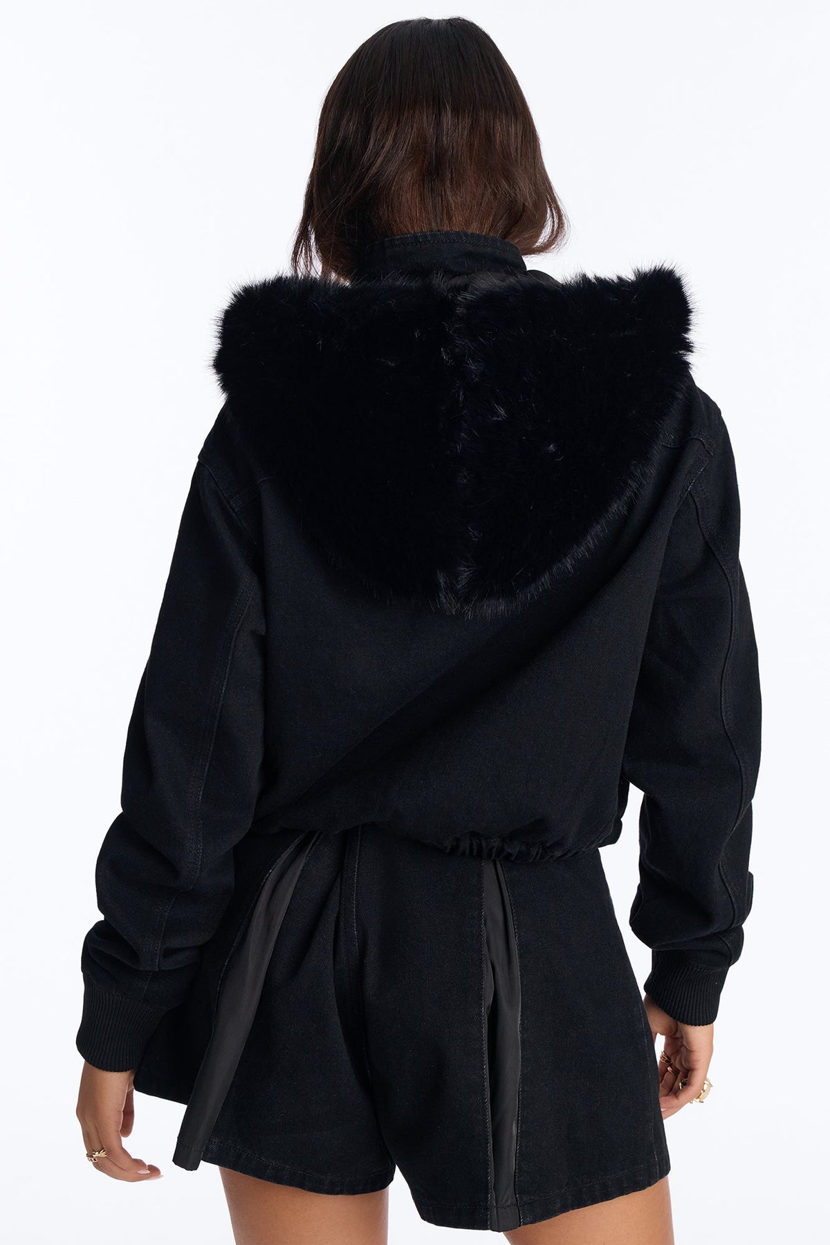 Black Ice Faux Fur Hooded Denim Jacket - Black