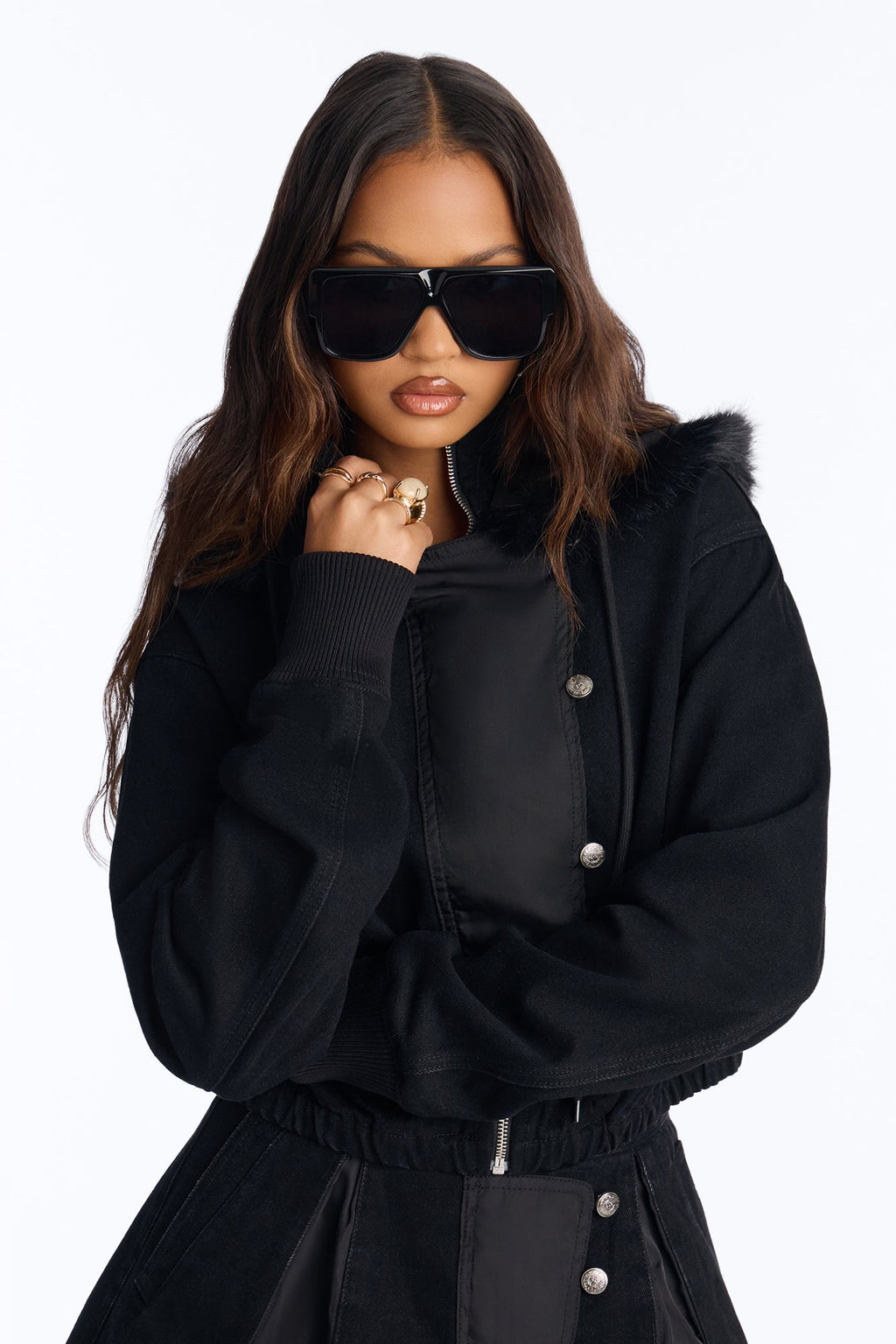 Black Ice Faux Fur Hooded Denim Jacket - Black
