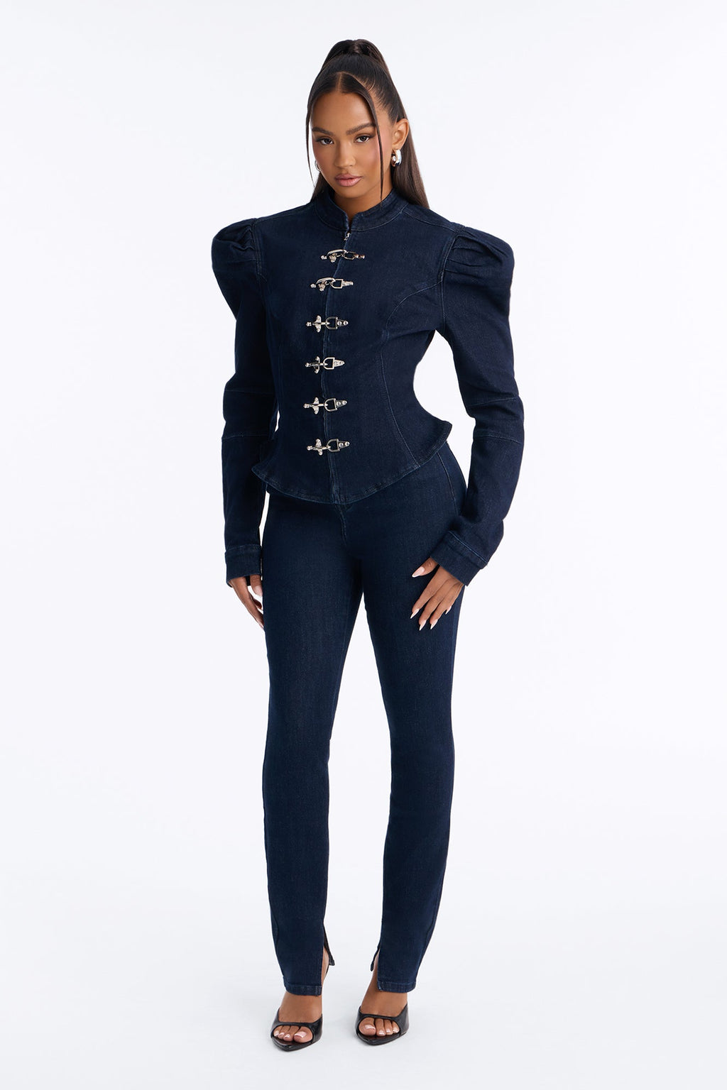 Windsor Clasp Peplum Denim Jacket - Dark Wash