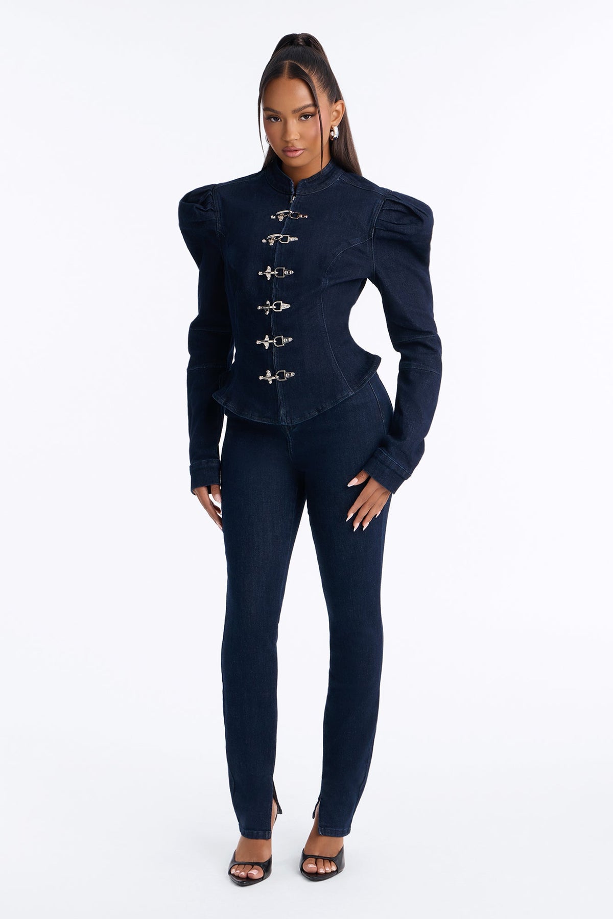 Windsor Clasp Peplum Denim Jacket - Dark Wash