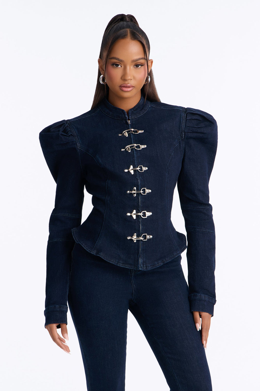 Windsor Clasp Peplum Denim Jacket - Dark Wash