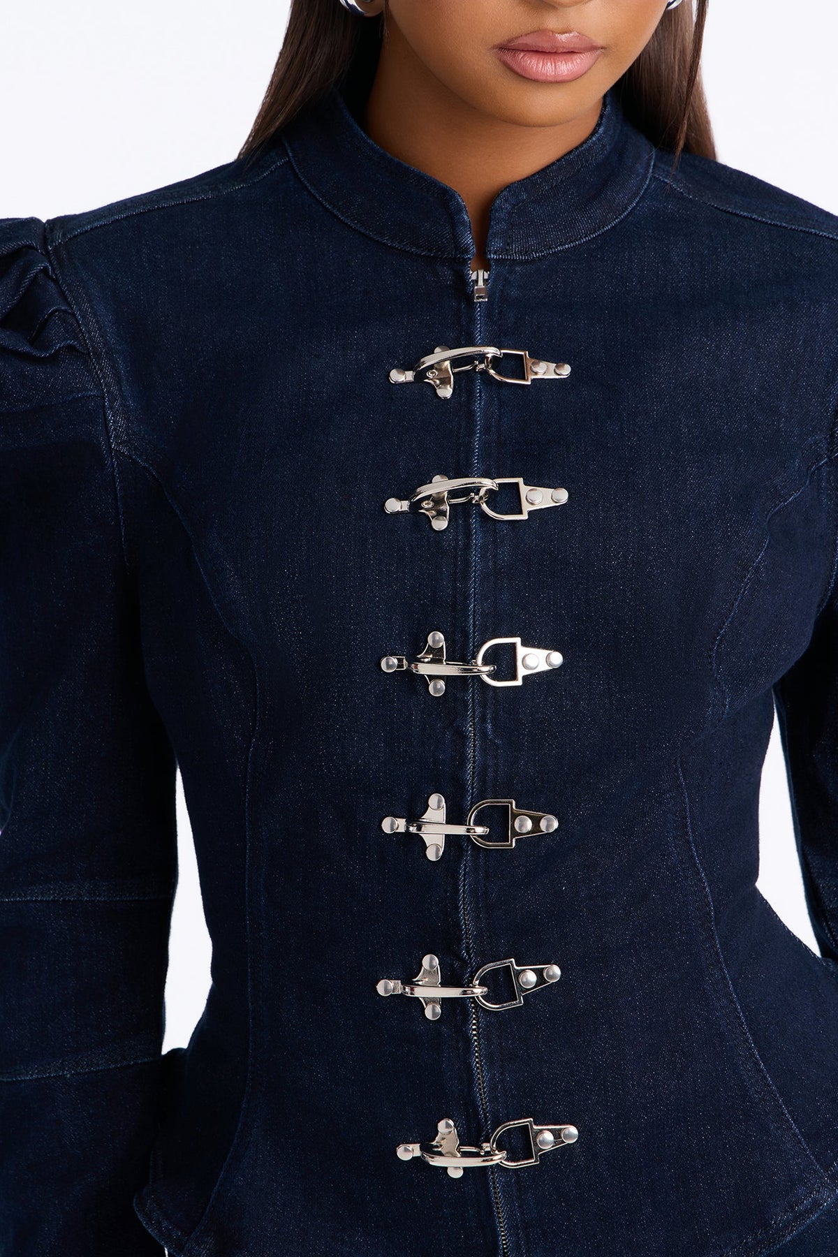 Windsor Clasp Peplum Denim Jacket - Dark Wash