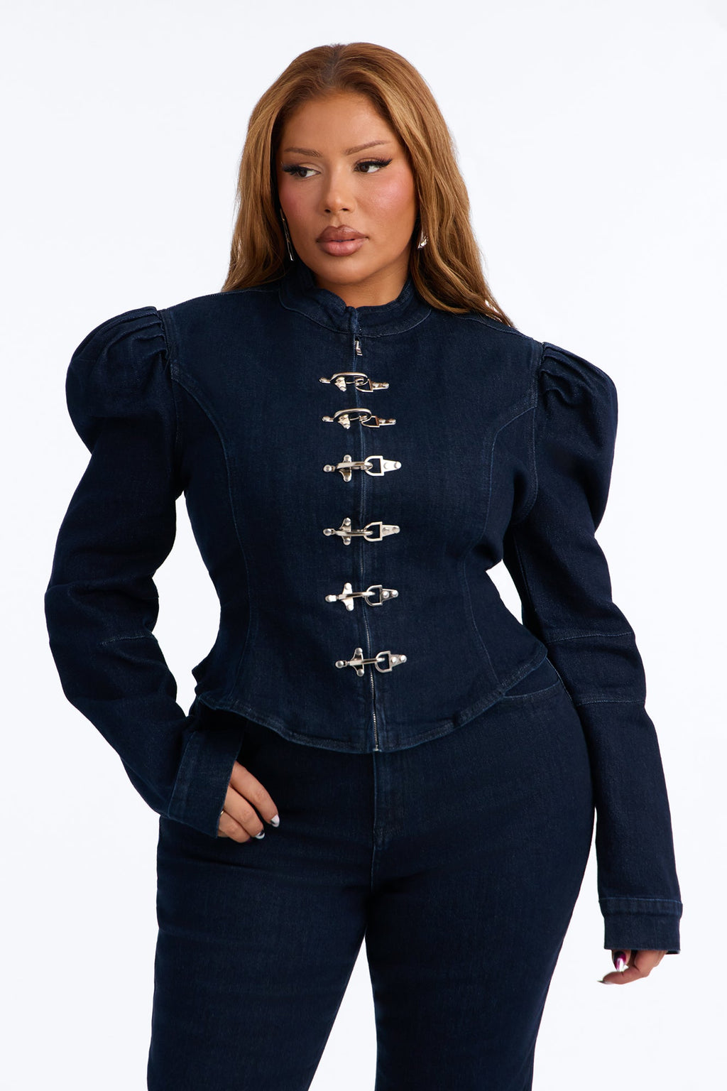 Windsor Clasp Peplum Denim Jacket - Dark Wash