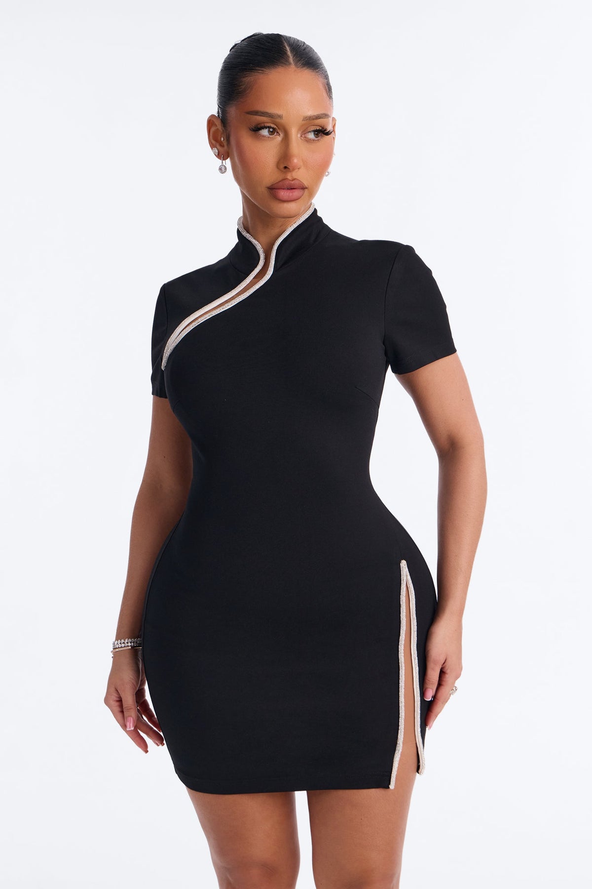 Maxine Rhinestone Trim Ponte Mini Dress - Black