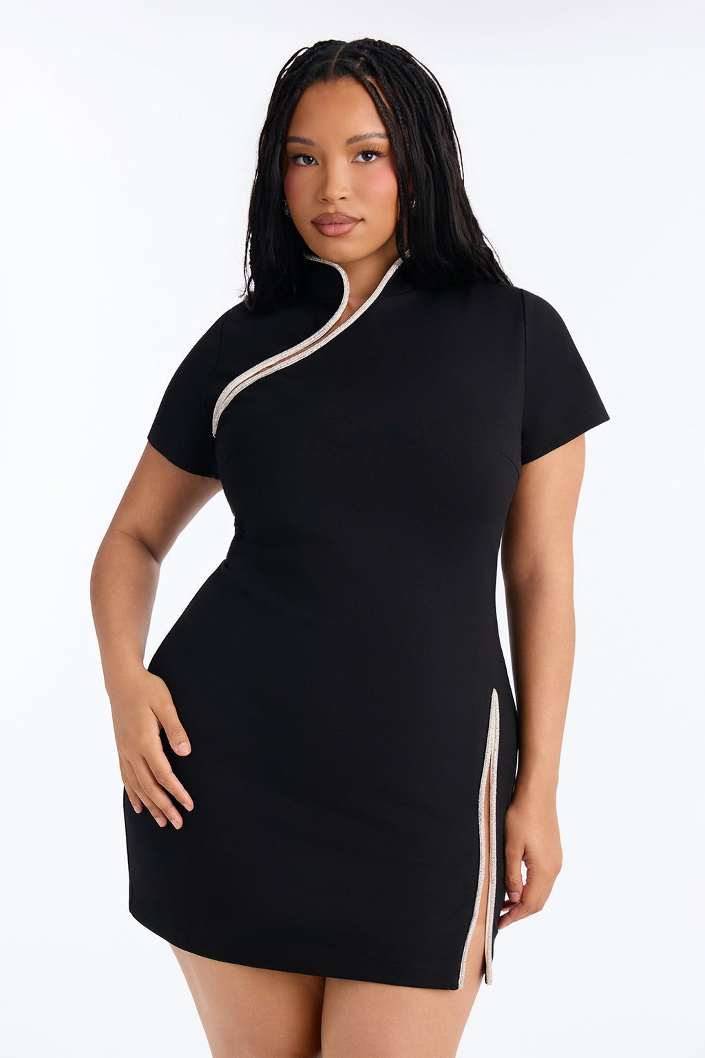 Maxine Rhinestone Trim Ponte Mini Dress - Black