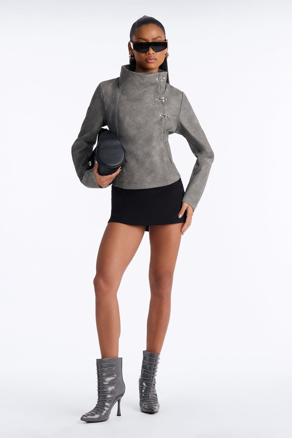 Matrix Triple Clasp Funnel Neck Moto Jacket - Grey