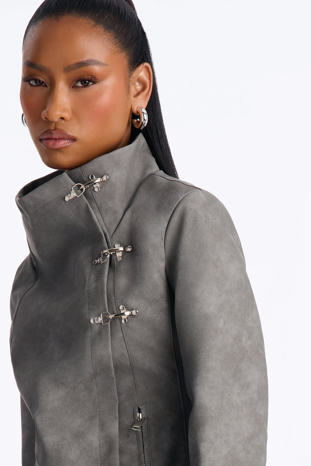 Matrix Triple Clasp Funnel Neck Moto Jacket - Grey