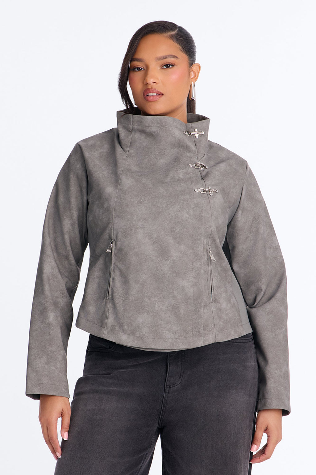 Matrix Triple Clasp Funnel Neck Moto Jacket - Grey