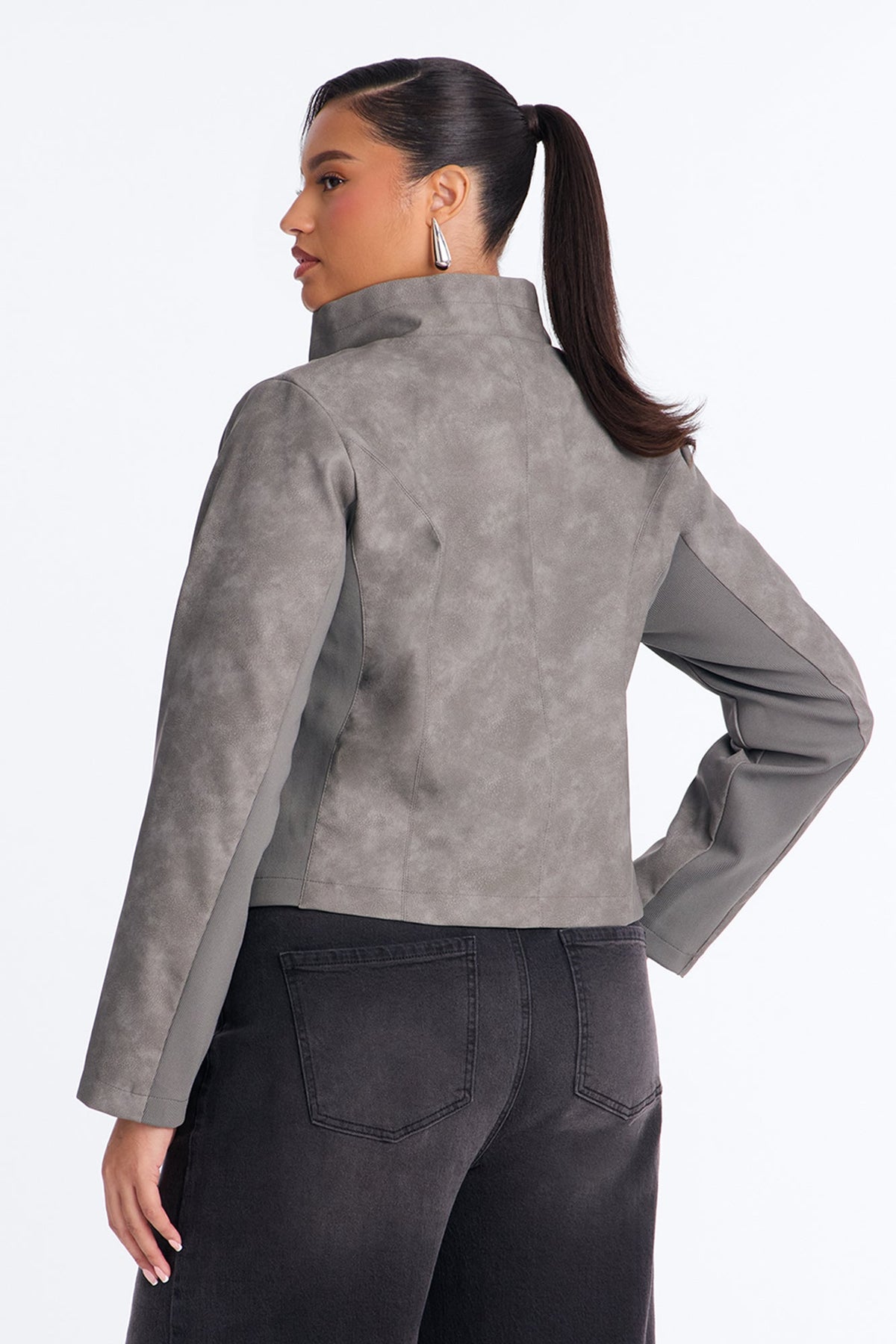 Matrix Triple Clasp Funnel Neck Moto Jacket - Grey