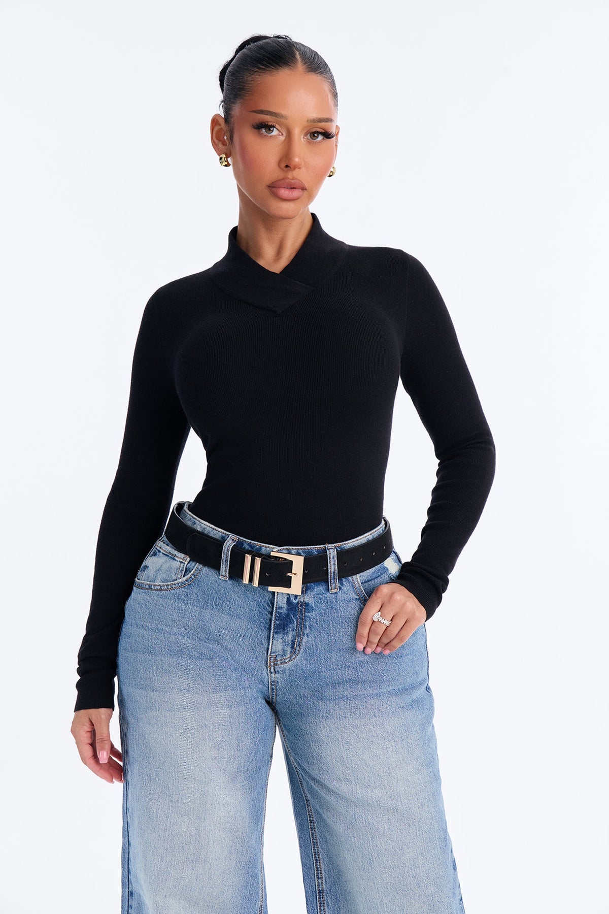 Serious Love Fitted High Neck Pullover Sweater - Black