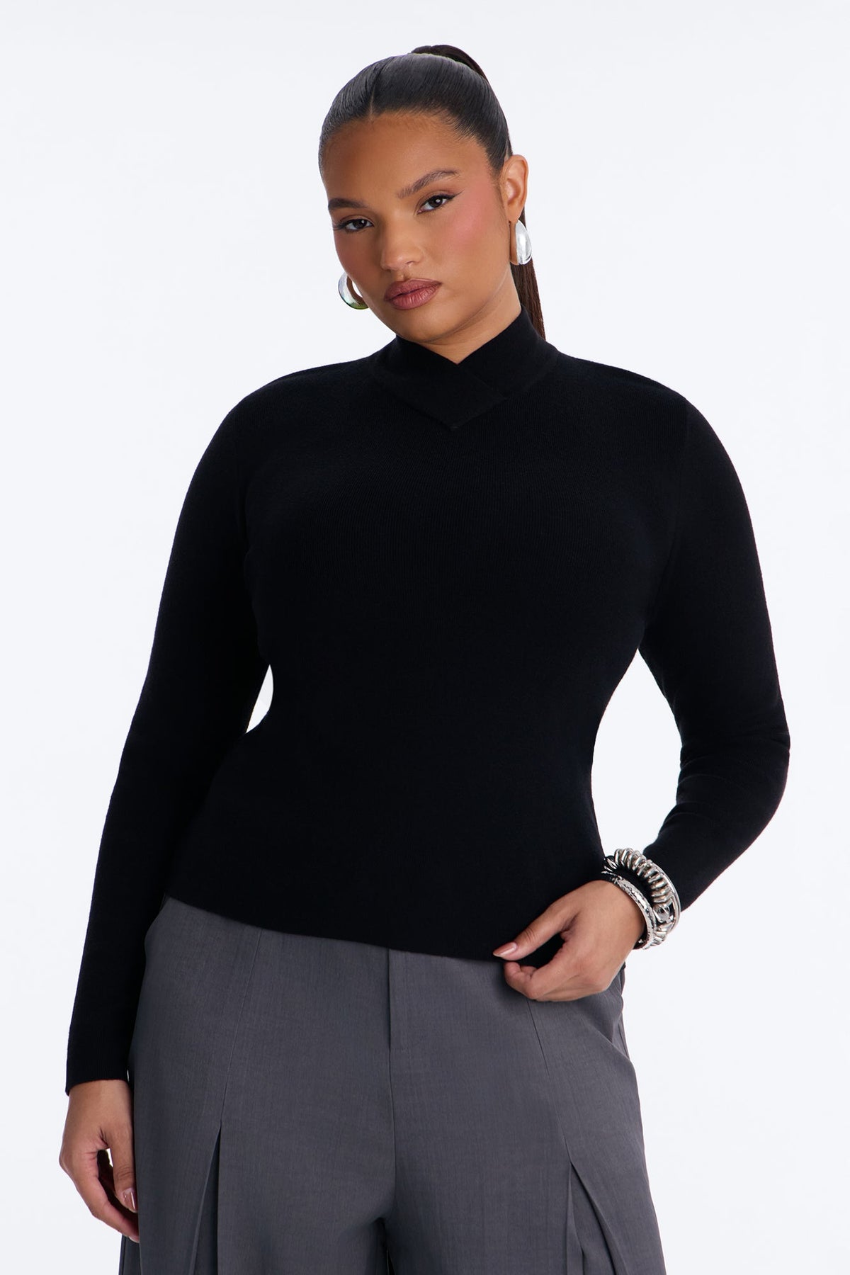 Serious Love Fitted High Neck Pullover Sweater - Black