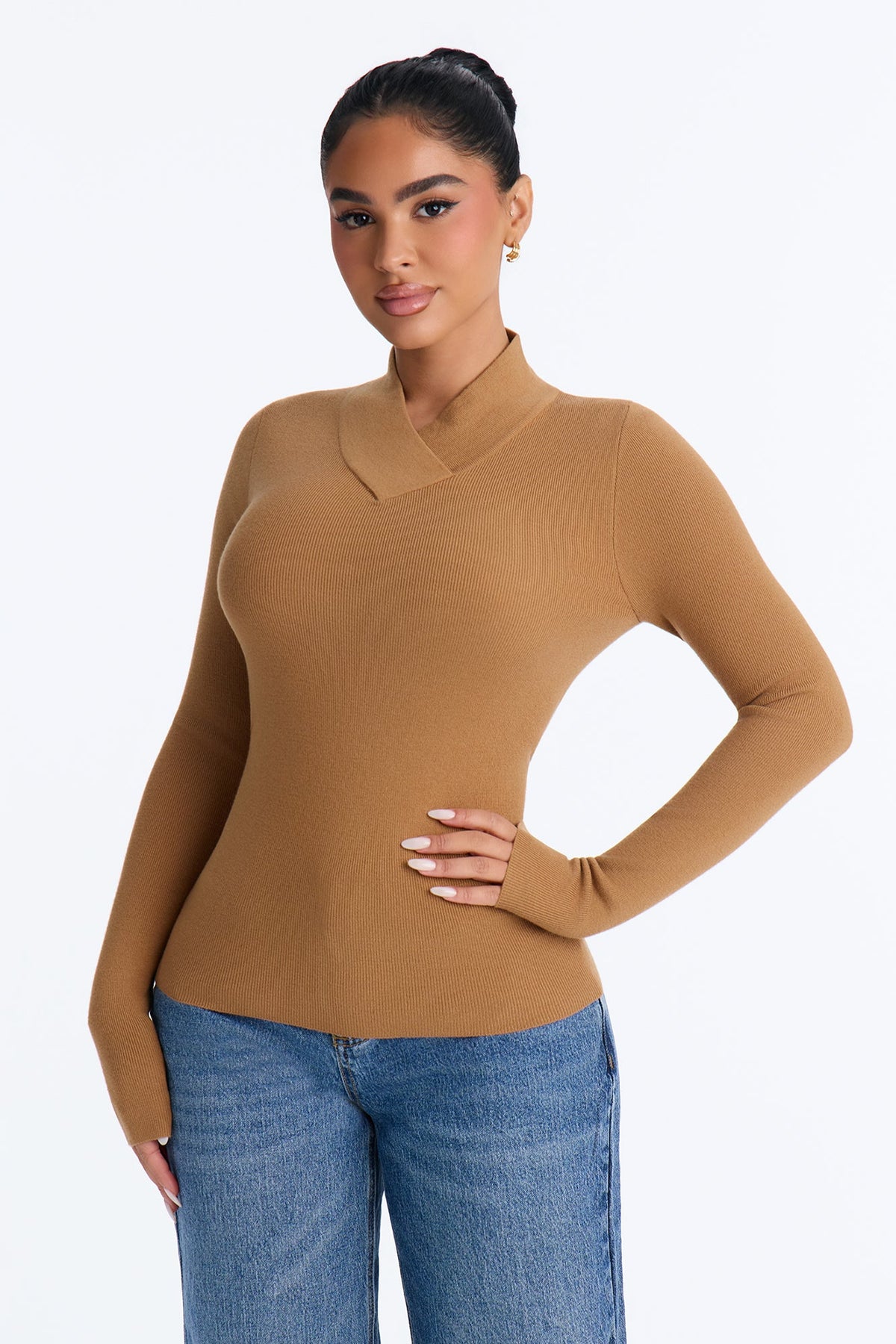 Serious Love Fitted High Neck Pullover Sweater - Camel
