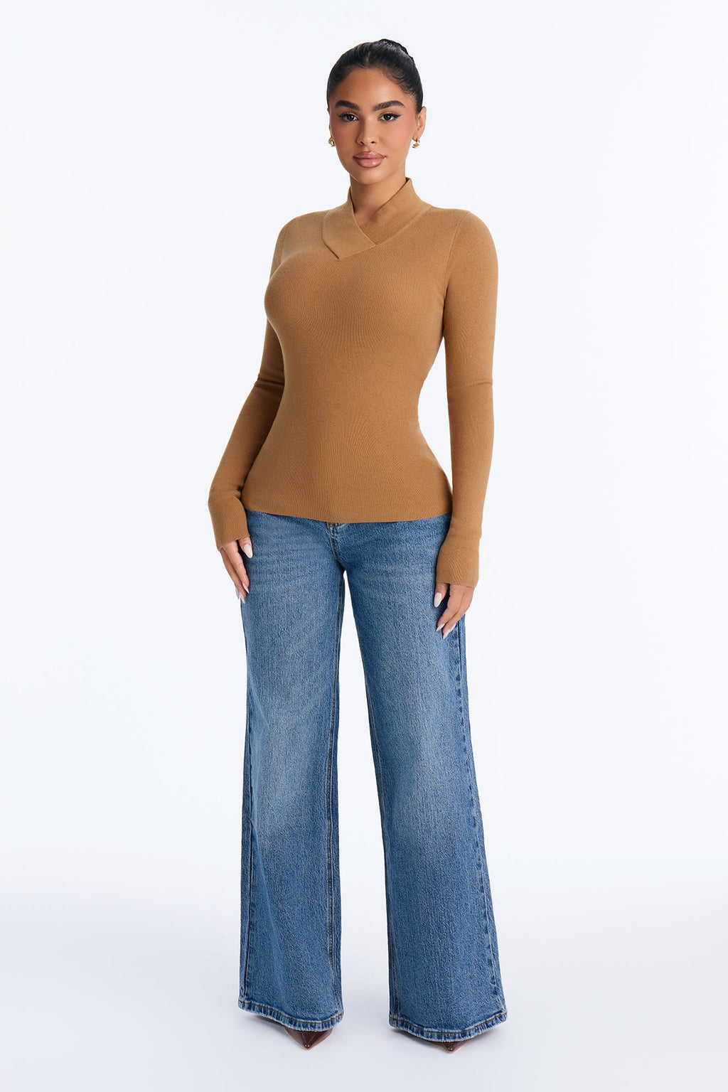 Serious Love Fitted High Neck Pullover Sweater - Camel