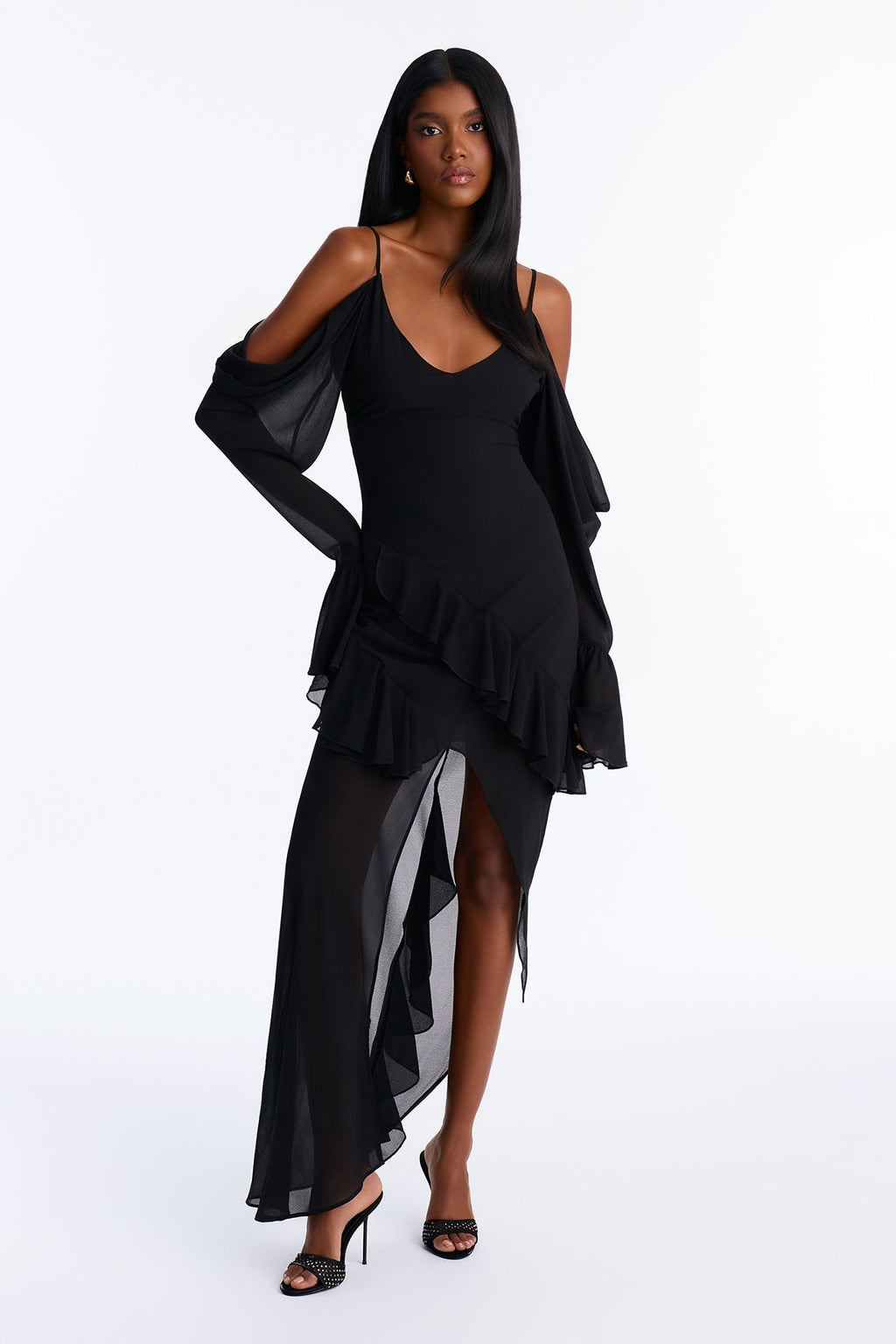Catwalk Chiffon Ruffle Maxi Dress - Black