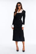 Business State Of Mind Crepe Long Sleeve Button Up Midi Dress - Black/White
