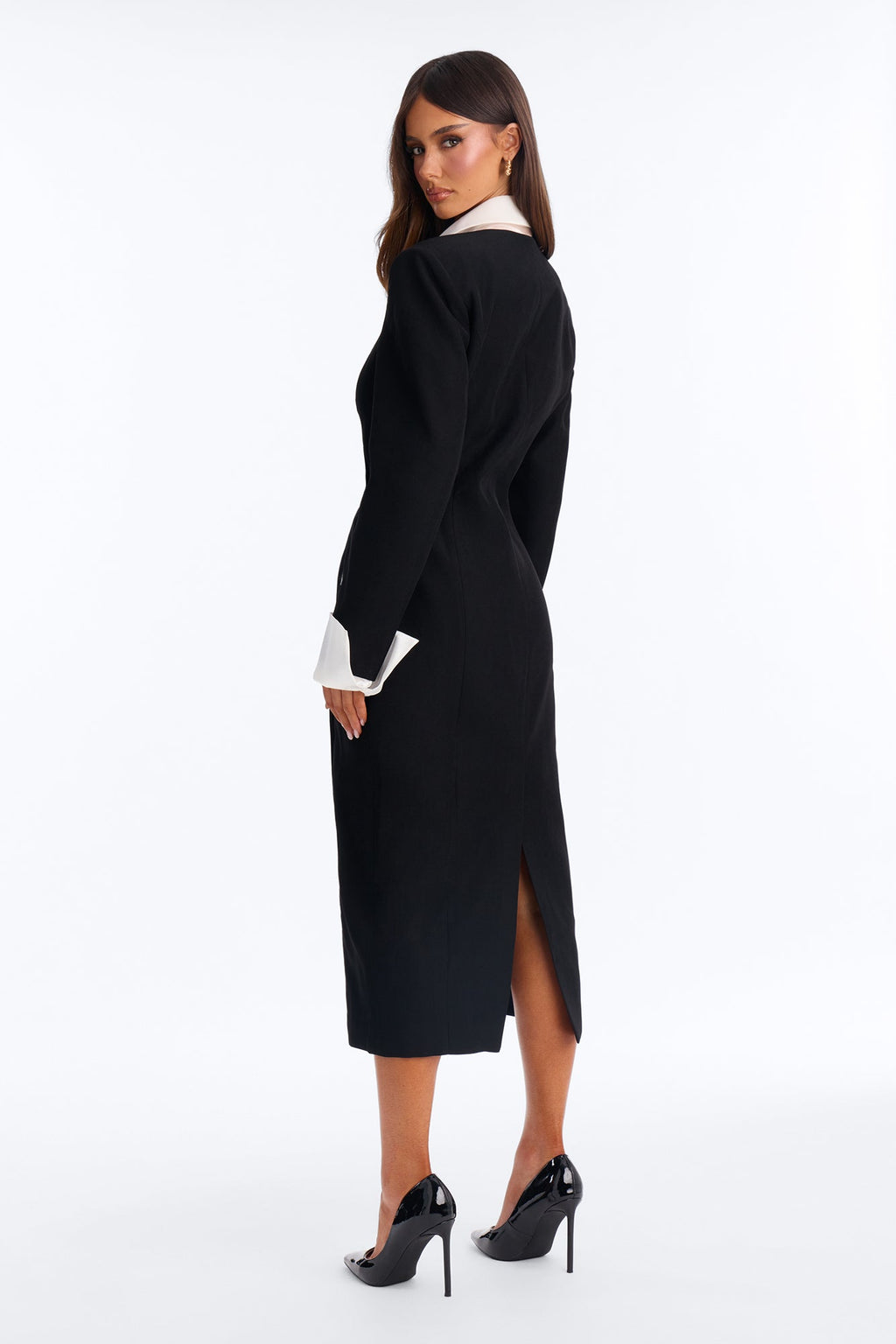Business State Of Mind Crepe Long Sleeve Button Up Midi Dress - Black/White