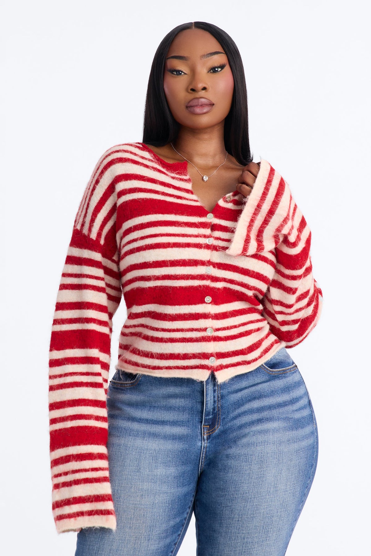 Warm Feeling Striped Cardigan - Red/combo