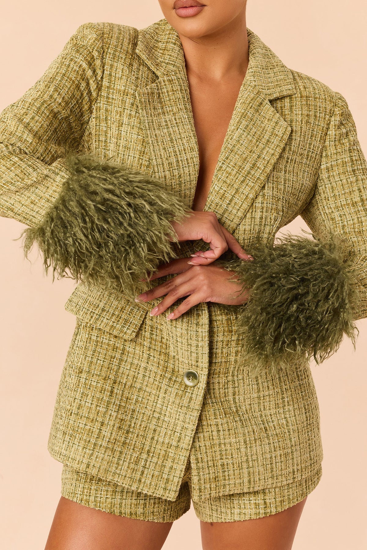Miranda Fur Trim Tweed Short Set - Green