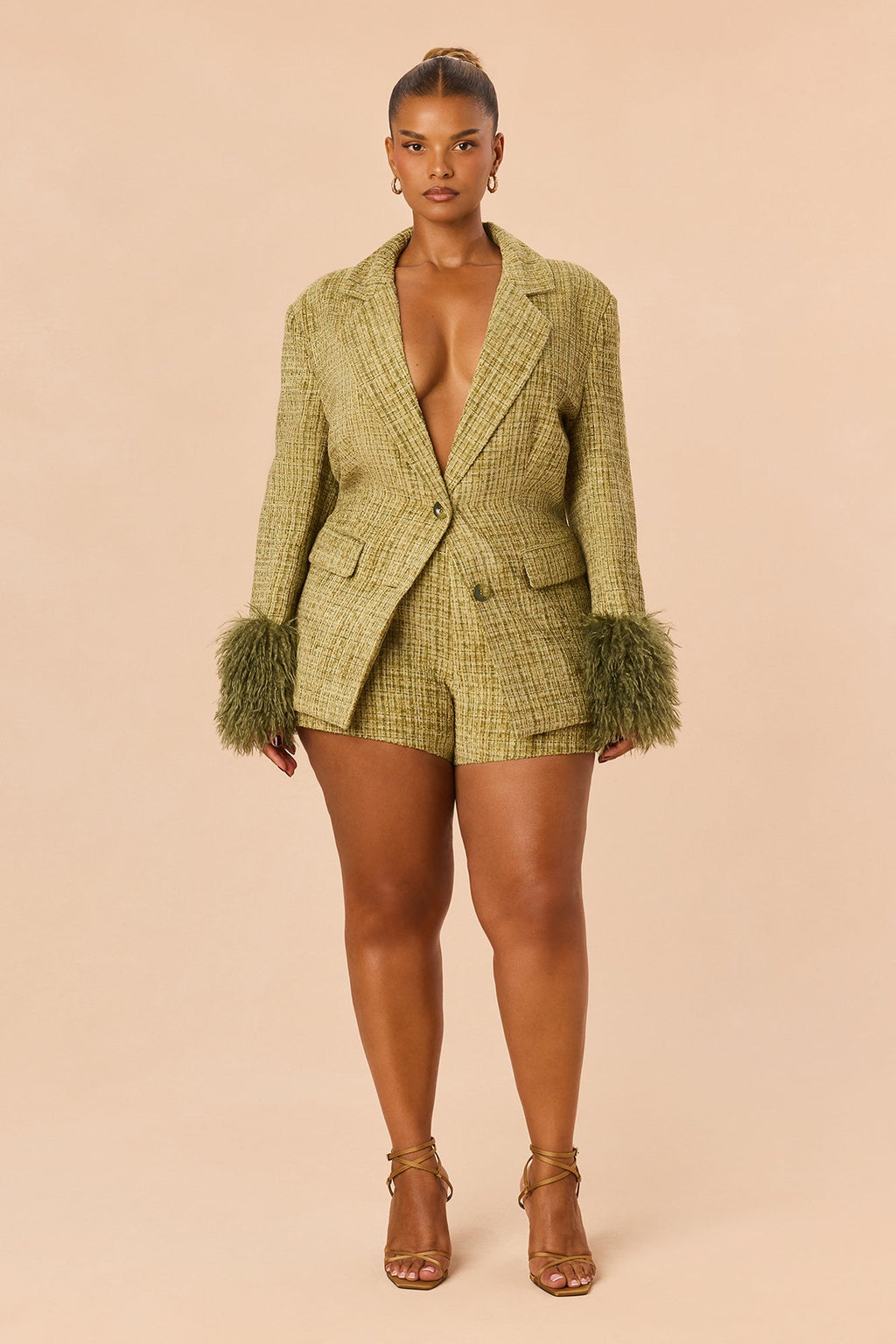 Miranda Fur Trim Tweed Short Set - Green