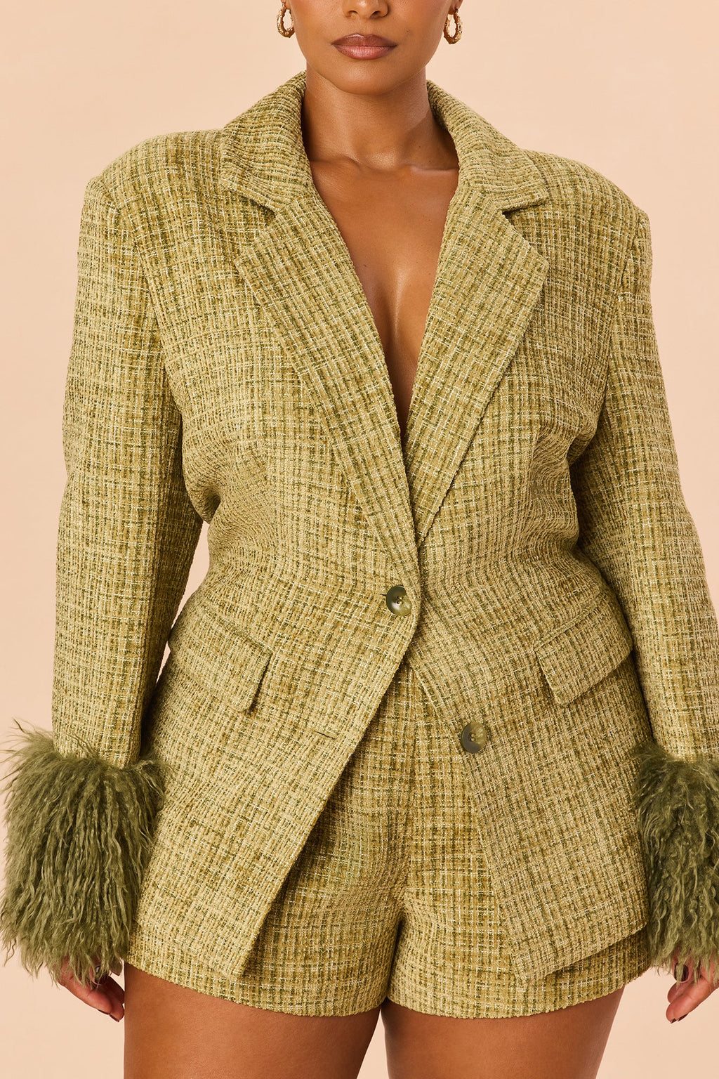 Miranda Fur Trim Tweed Short Set - Green