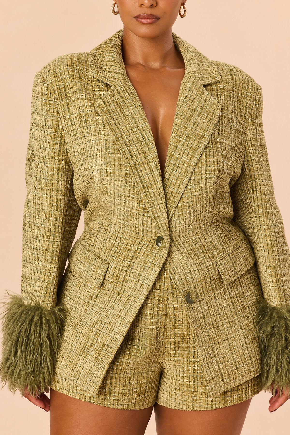 Miranda Fur Trim Tweed Short Set - Green