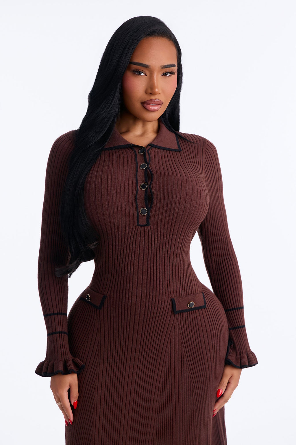 Mary Button Up Sweater Midi Dress - Brown
