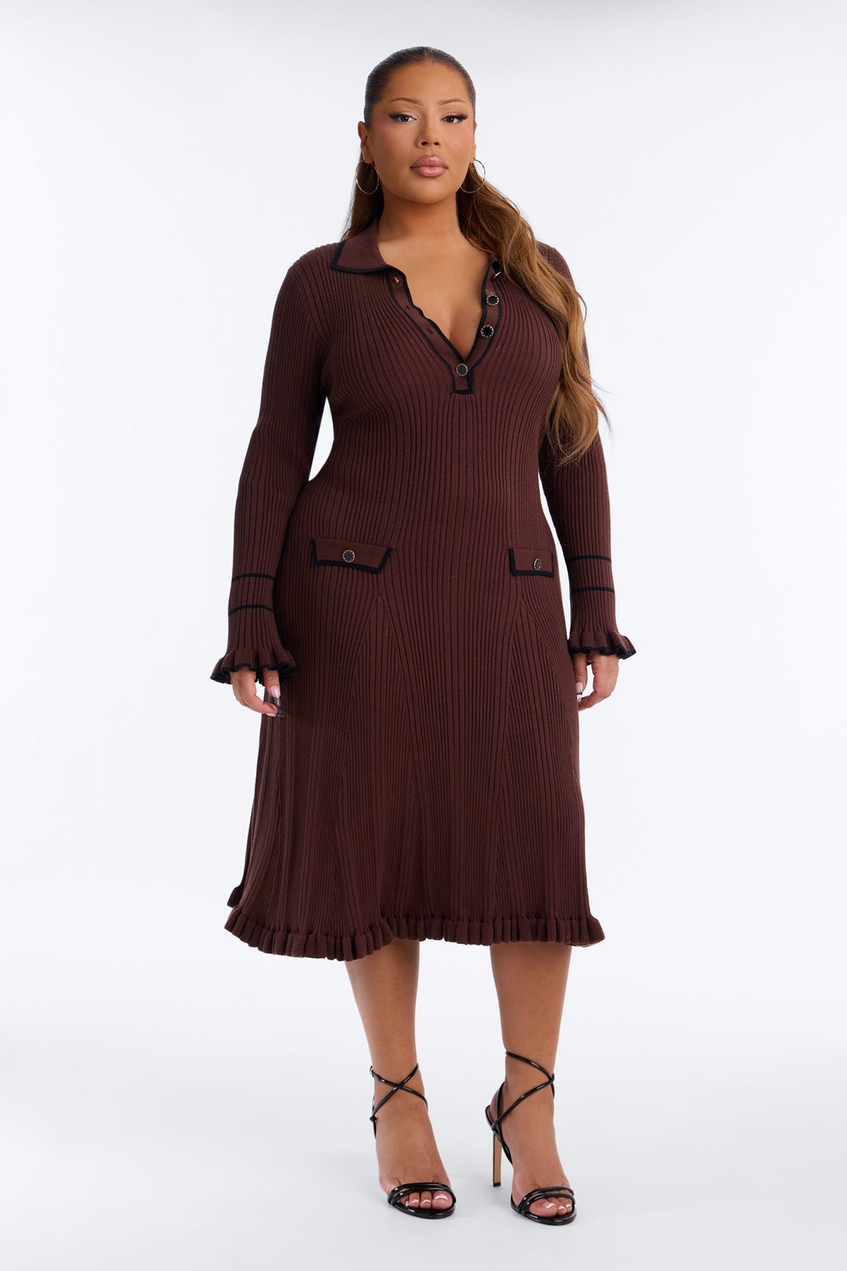 Mary Button Up Sweater Midi Dress - Brown