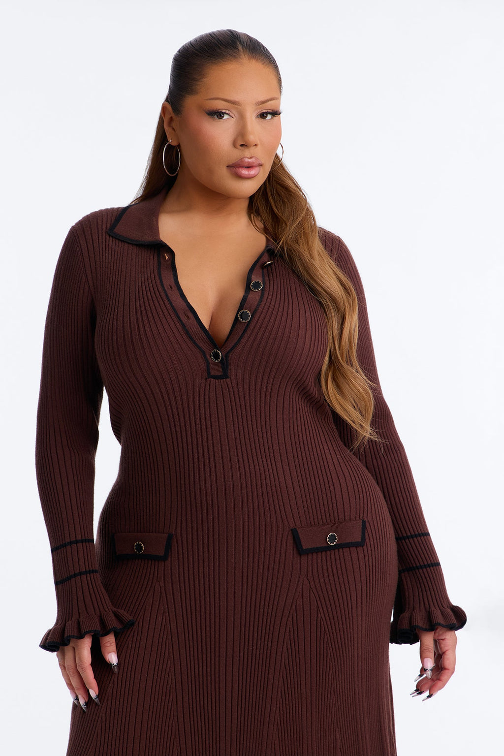 Mary Button Up Sweater Midi Dress - Brown