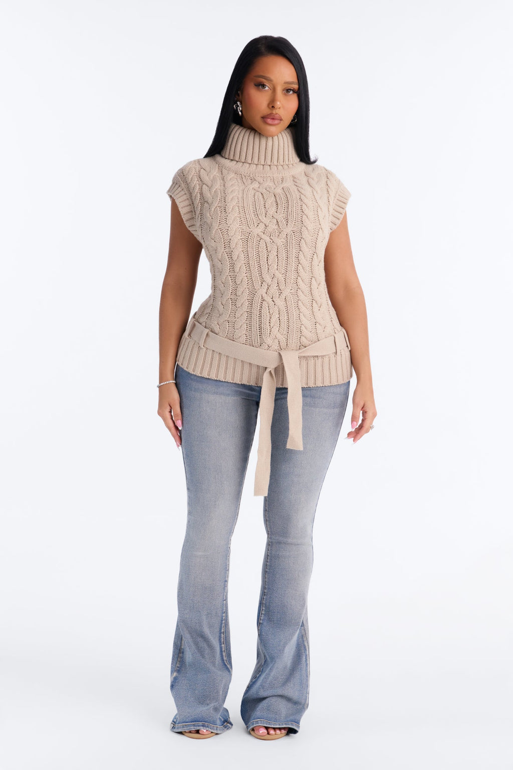 Nadine Sleeveless Cable Knit Sweater - Taupe