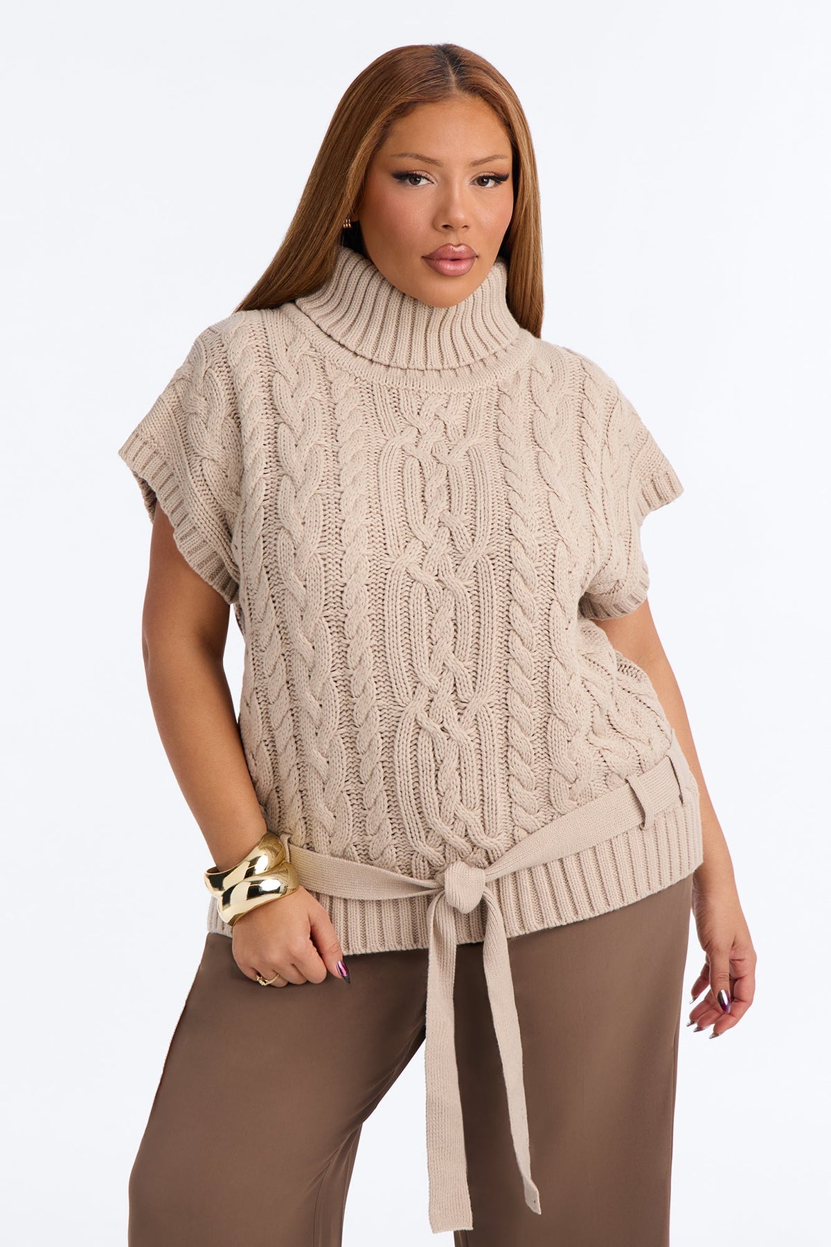 Nadine Sleeveless Cable Knit Sweater - Taupe