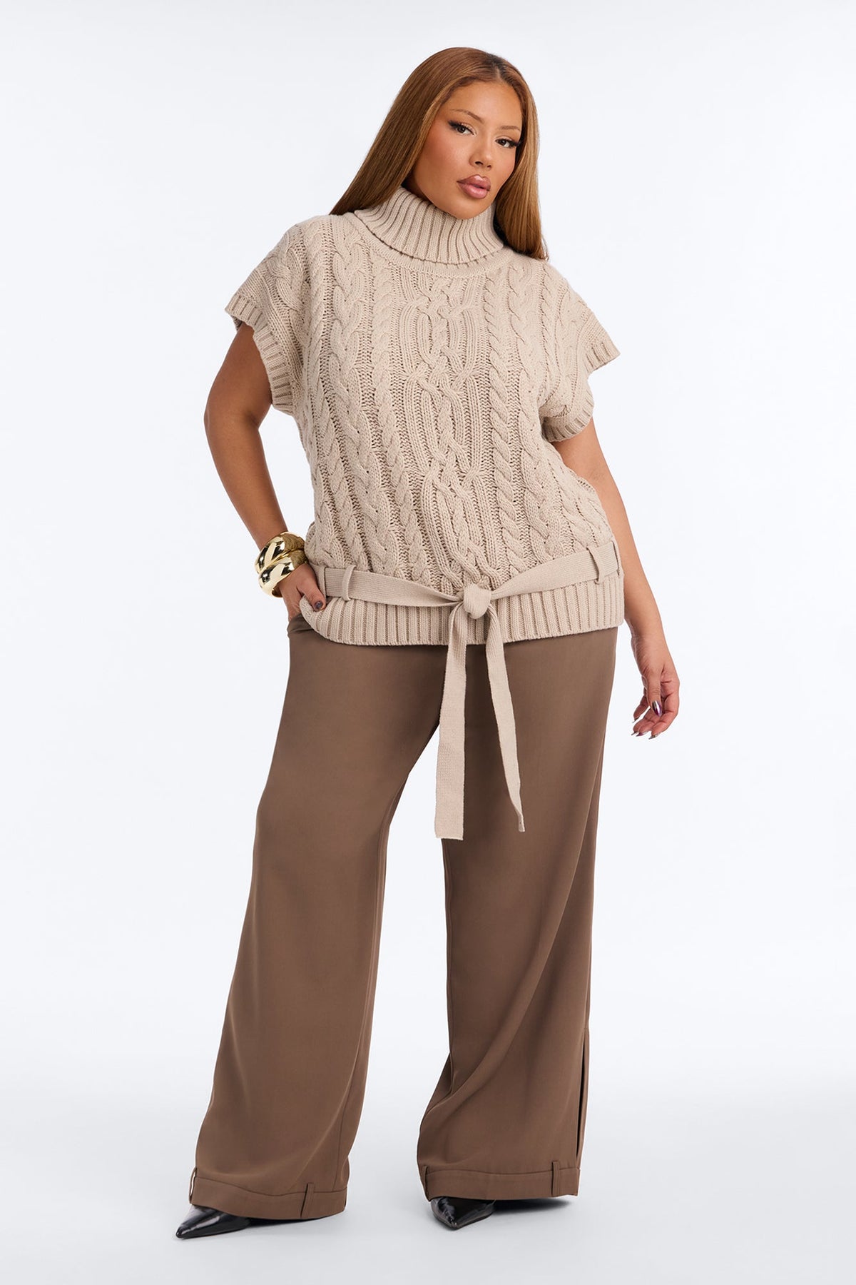 Nadine Sleeveless Cable Knit Sweater - Taupe