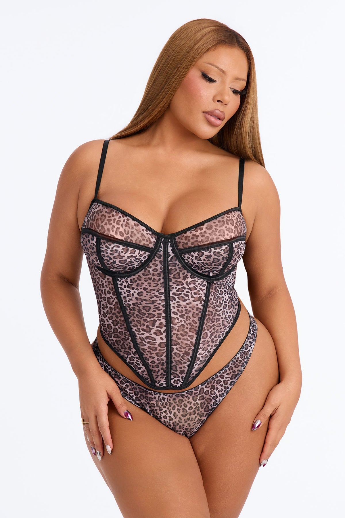 Zina Mesh 2 Piece Corset & Panty Set - Leopard